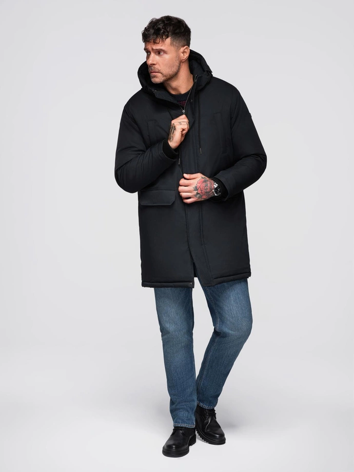 Klasická dlouhá pánská bunda parka - černá V6 OM-JAPJ-0313