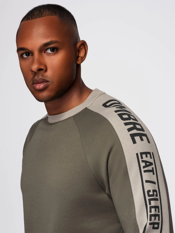 Men's sweatshirt with contrasting stripes and raglan sleeves - olive V1 OM-SSNZ-0200