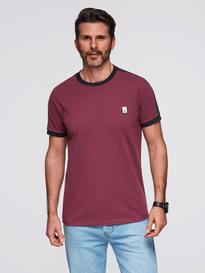 Men's T-shirt with contrasting stripes - maroon V2 OM-TSCT-0115
