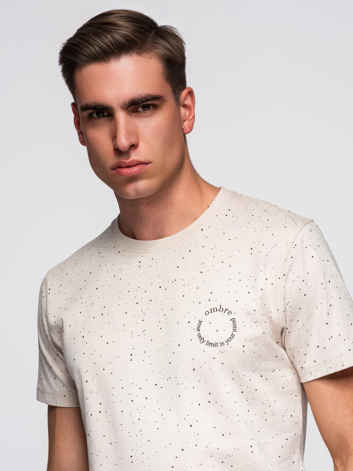 Men's printed cotton t-shirt with round neckline - beige V2 OM-TSFP-0186