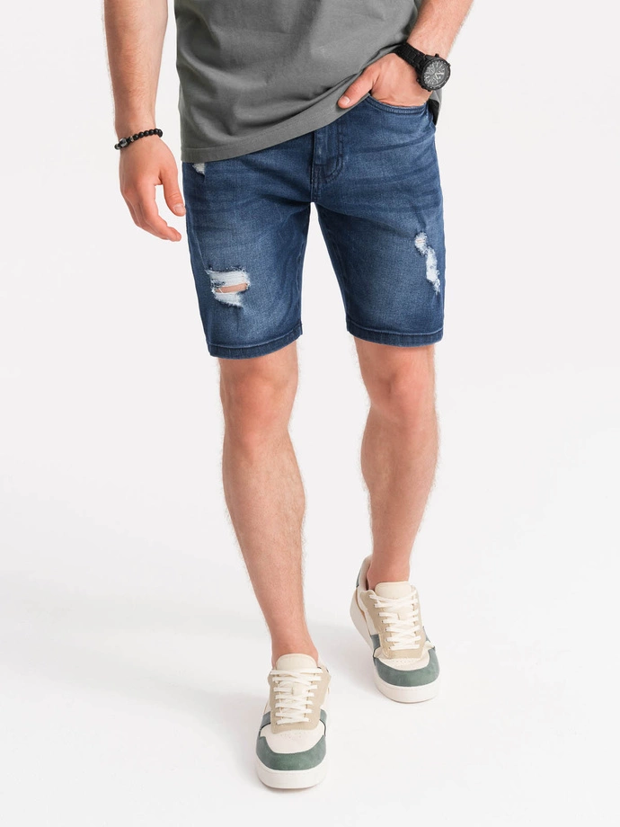 Men's denim short shorts with holes - dark blue V3 OM-SRDS-0114