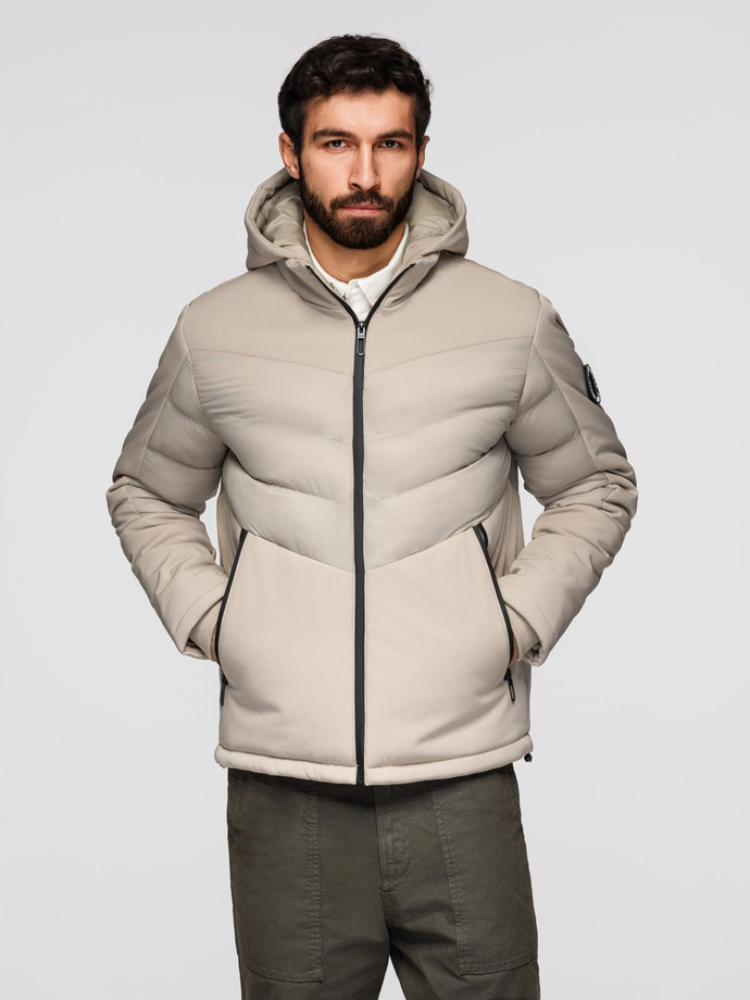 Pánská kombinovaná prošívaná bunda s vysokým límcem - béžová V4 OM-JALP-0172