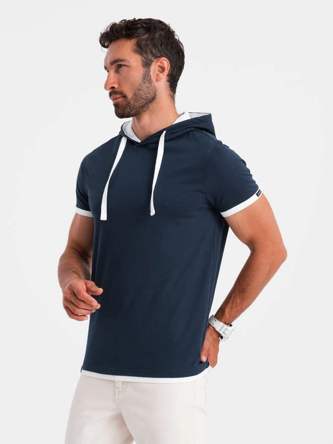 Casual men's cotton t-shirt with hood - navy blue V4 OM-TSCT-22SS-001