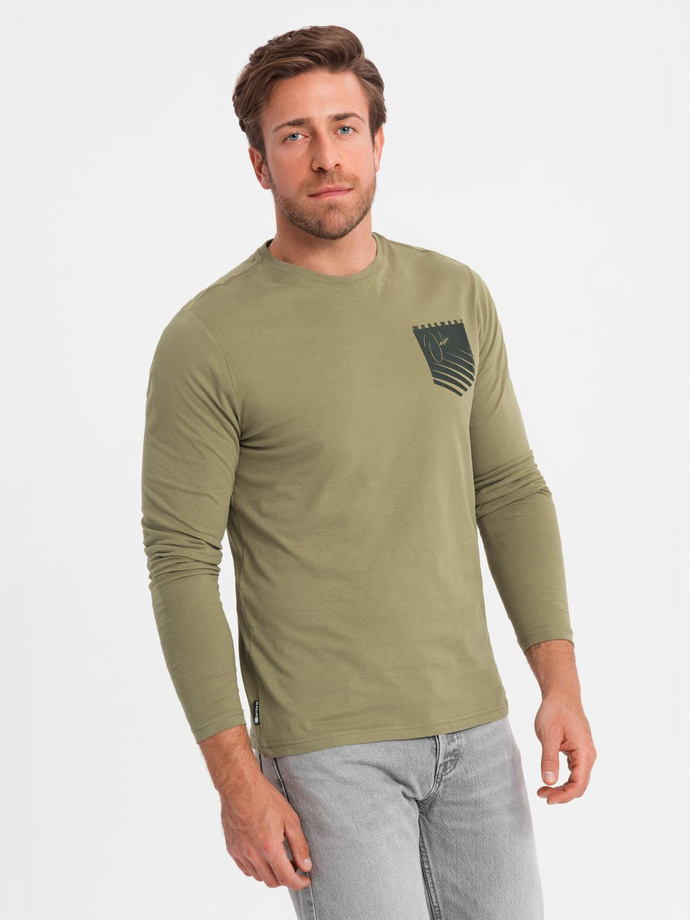 Longsleeve męski z printem w kształcie kieszonki - oliwkowy V2 OM-LSPT-0118
