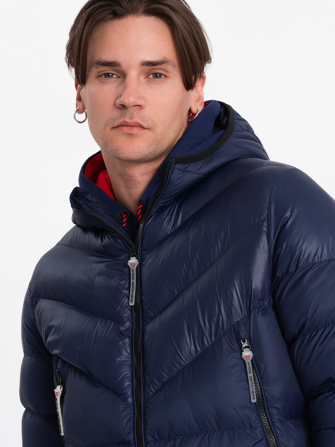 Men's winter quilted jacket of combined materials - navy blue V2 OM-JAHP-0145