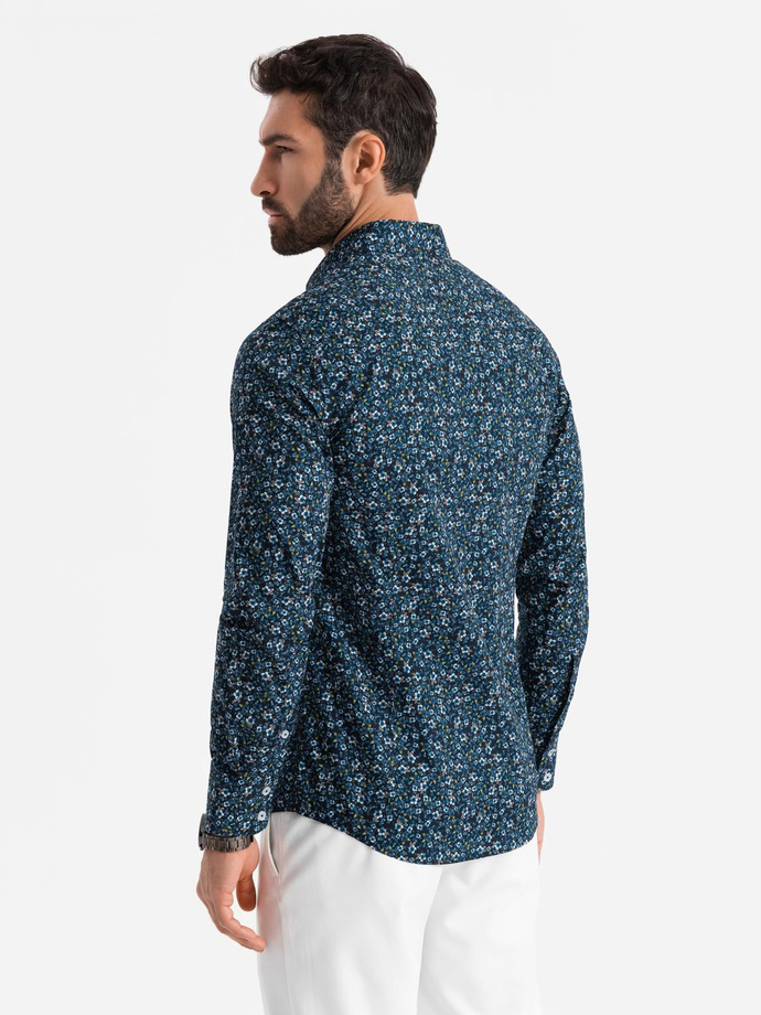 Pánská vzorovaná bavlněná košile SLIM FIT - tmavě modrá V1 OM-SHCS-0151