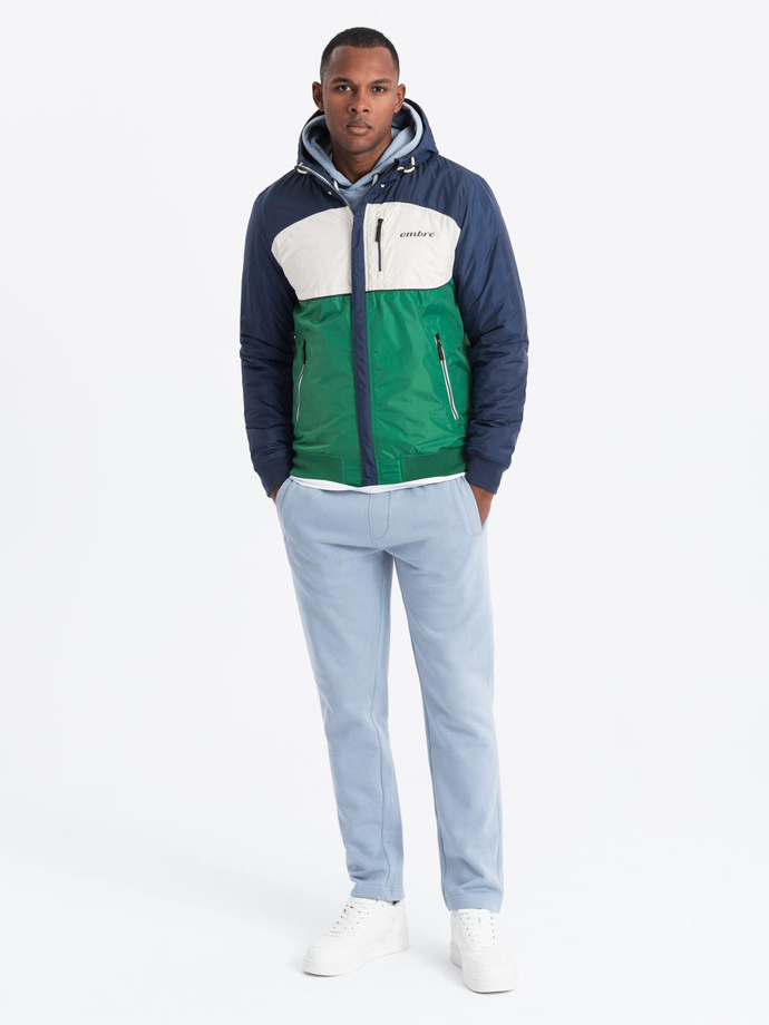 Lightweight colorful men's sports jacket with fleece - green and navy blue V20 OM-JANP-0194