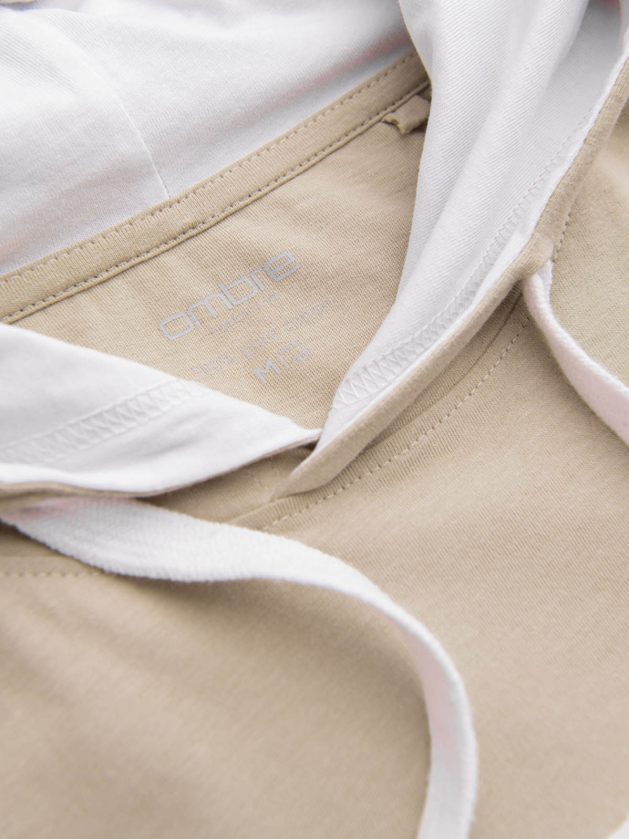 Men's casual cotton t-shirt with hood - beige V5 OM-TSCT-22SS-001