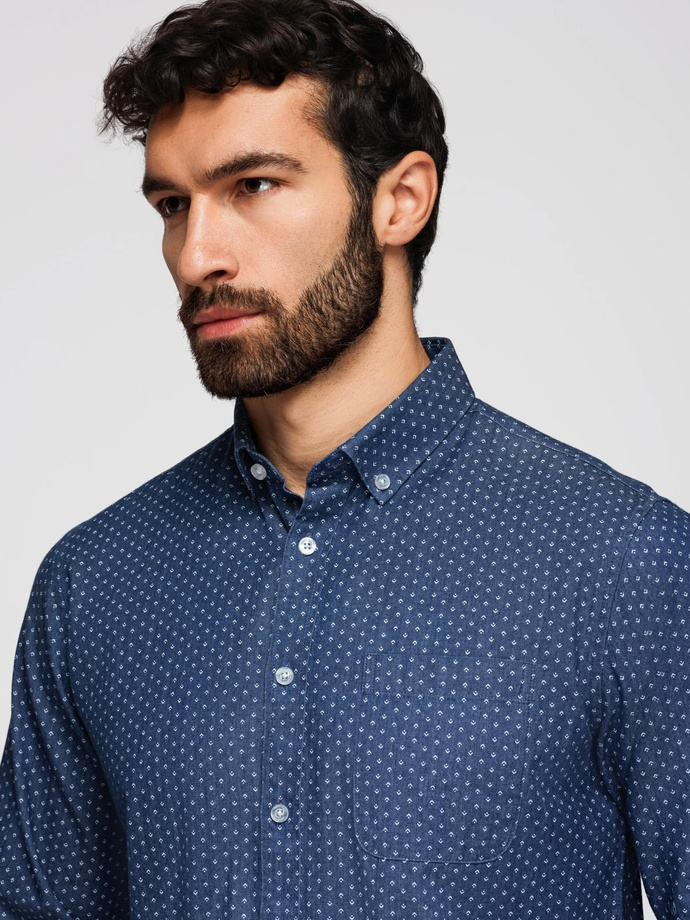 Men's patterned thin denim shirt with pocket - blue V2 OM-SHDS-0179