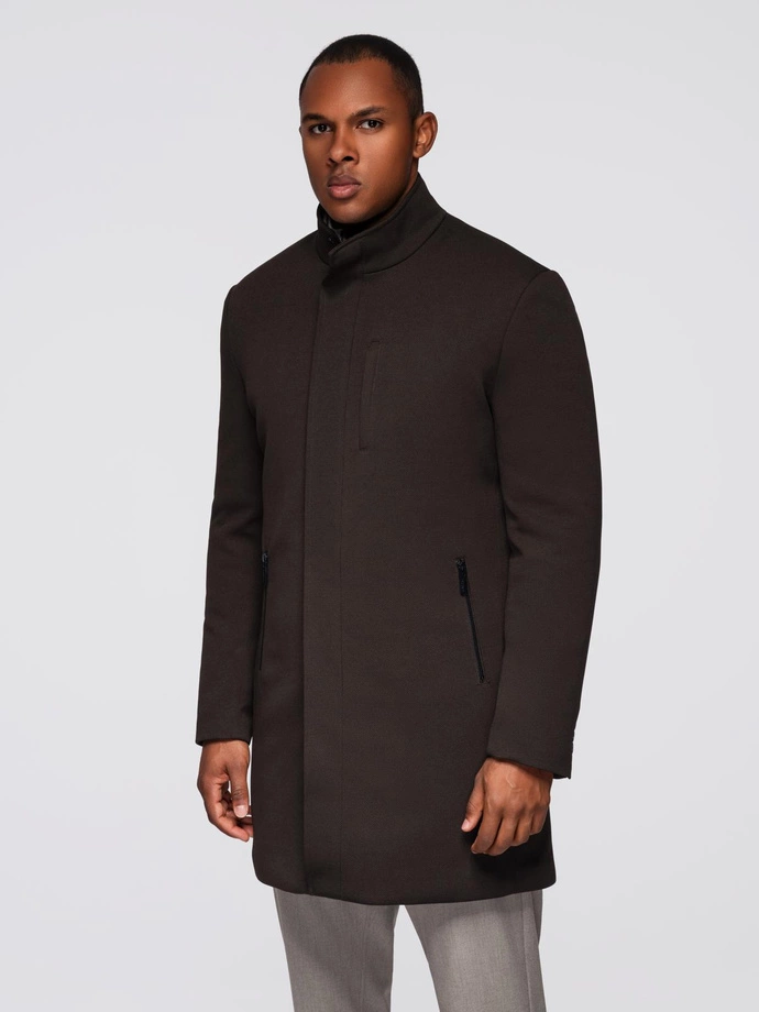 Men's coat with asymmetrical fastening and high collar - light brown V4 OM-COWC-0120