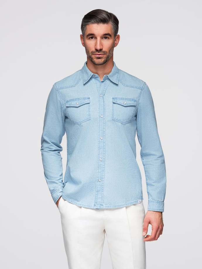 Cămașă bărbătească din denim cu buzunare și fermoar frontal - albastru deschis V1 OM-SHDS-0210