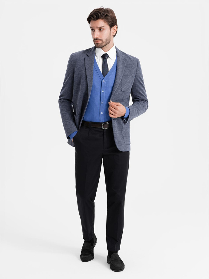Elegantné pánske štruktúrované pletené sako na mieru - tmavomodré V1 OM-BLZB-0129
