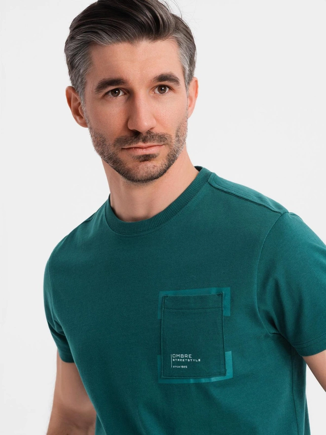 Men's cotton t-shirt with pocket print - dark green V5 OM-TSPT-0154