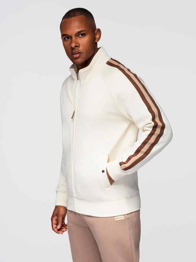 Men's sweatshirt with high collar and stripes - cream V3 OM-SSZP-0219