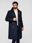 Men's double-breasted coat with wool and decorative appliqués - V1 navy blue OM-COWC-0149