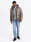 Warm men's puffer jacket with welts - dark beige V3 OM-JAHP-0207
