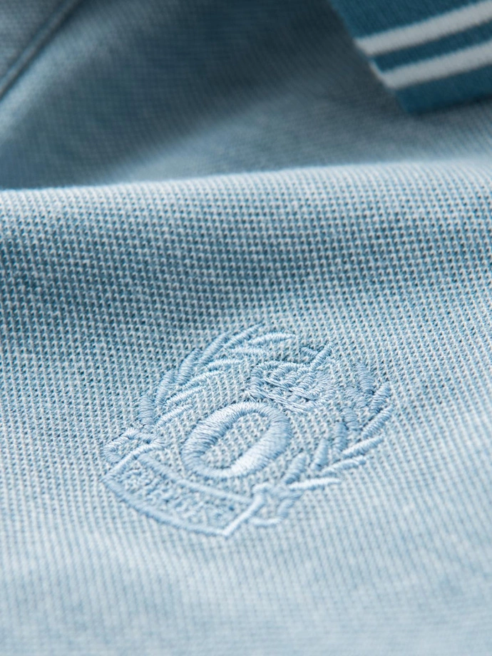 Men's melange polo longsleeve with embroidery - blue melange V3 OM-POLS-0129