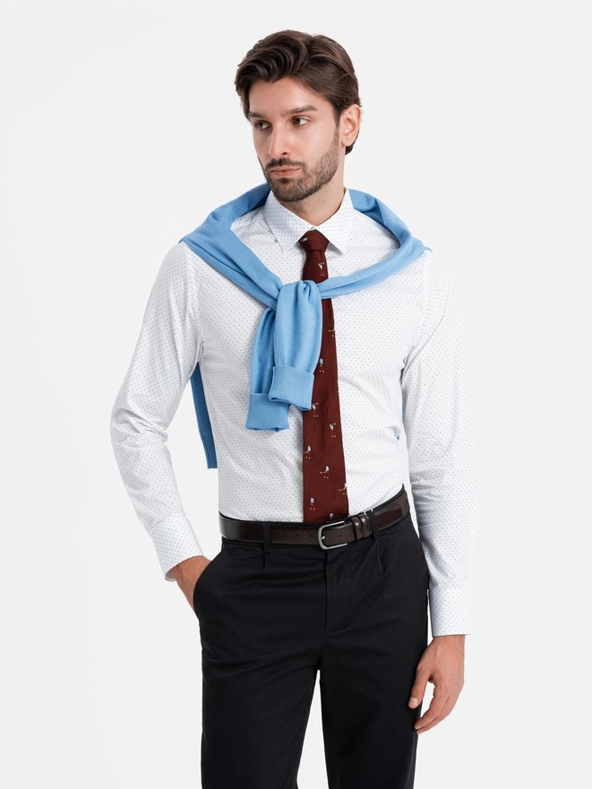 Vyriški medvilniniai marškiniai REGULAR FIT su mikro raštu - balti V1 OM-SHCS-0152