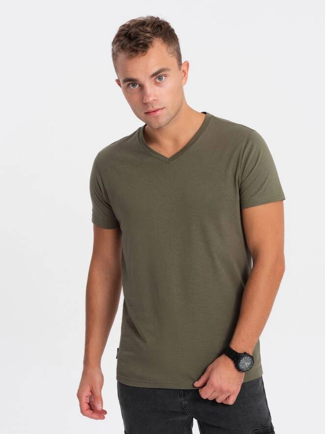 Tricou clasic din bumbac pentru bărbați BASIC cu guler în V - măslin închis V6 OM-TSBS-0145