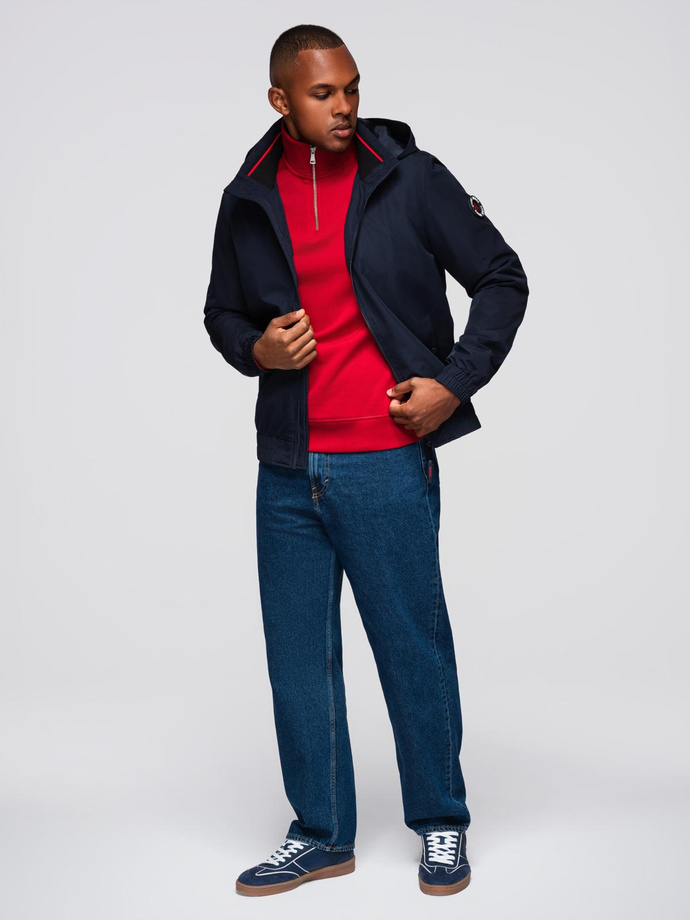 Men's jacket with hood and high collar - navy blue V2 OM-JANP-0222