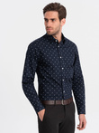 Classic men's cotton SLIM FIT shirt in anchors - navy blue V2 OM-SHCS-0156