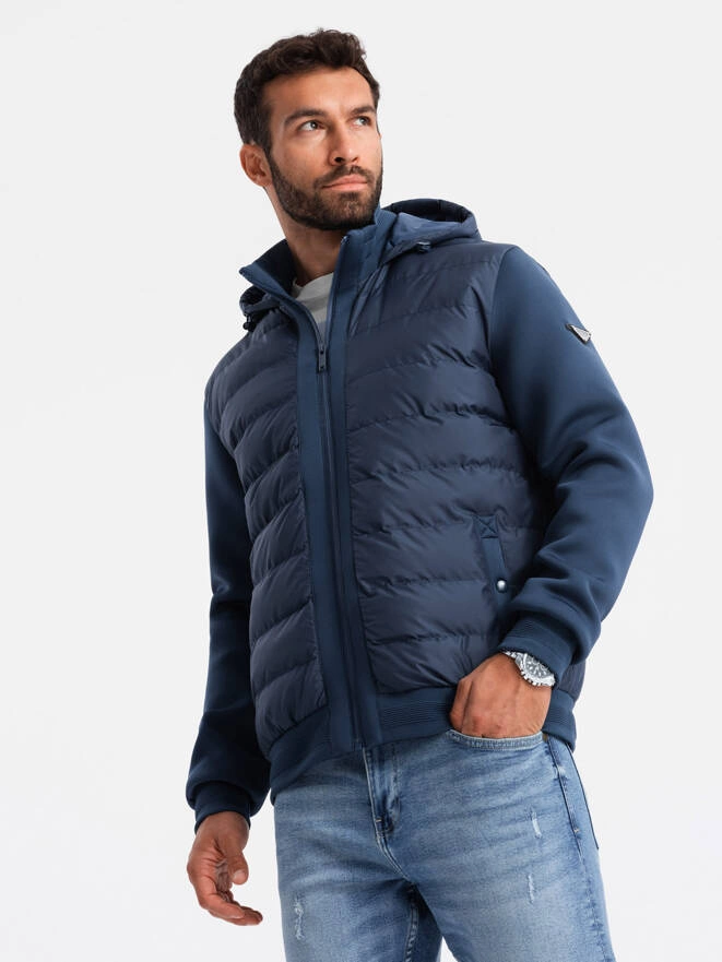 Men's quilted bomber jacket with high collar - navy blue V2 OM-JALP-0140