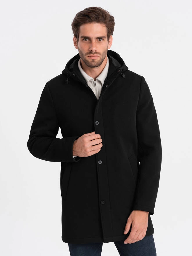 Men's insulated coat with hood and concealed zipper - black V1 OM-COWC-0110