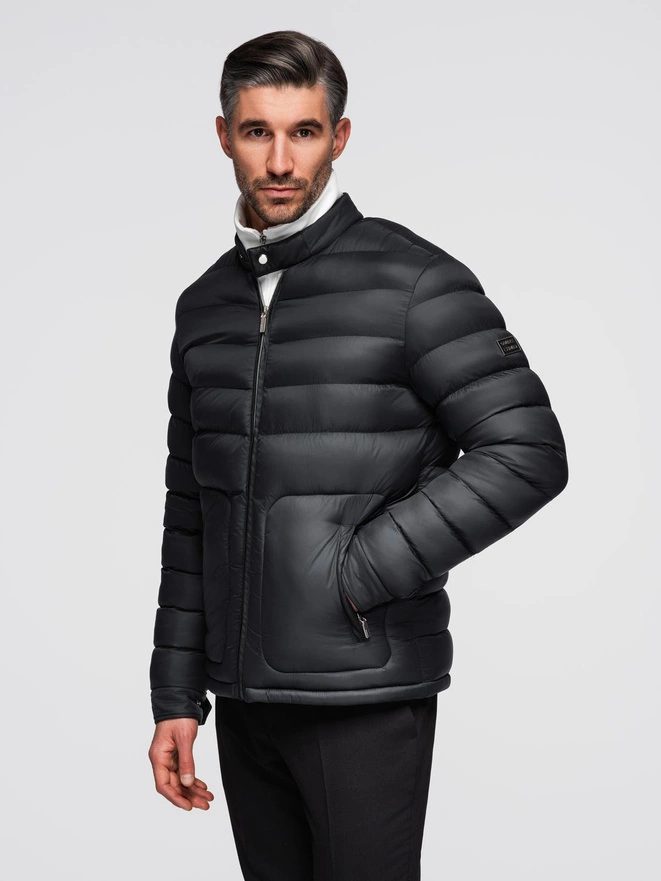 Men's imitation leather jacket with ribbed hem - dark brown V1 OM-JAFL-0109