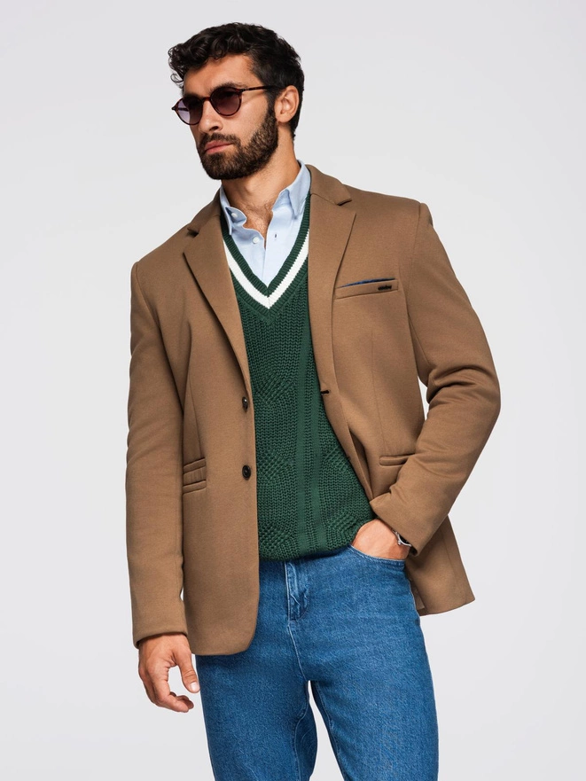 Men's knitted jacket with a fitted cut - light brown V4 OM-BLZB-0100
