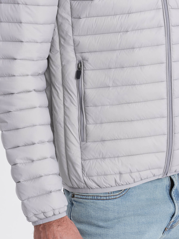 Jachetă bomber bărbătească satinată cu ornamente contrastante cu nervuri - negru V1 OM-JALP-22FW-007