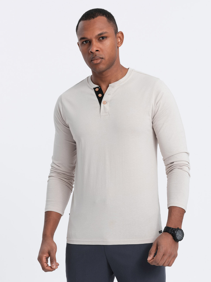 Men's longsleeve with buttons at the neckline - light beige V6 OM-LSCL-0107