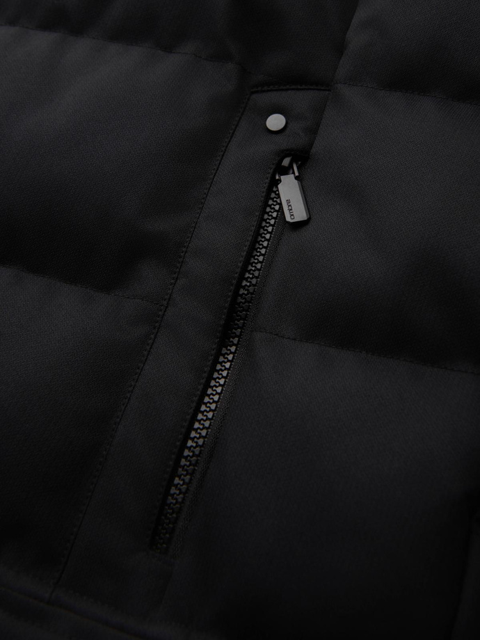 Men's long quilted jacket with hood - black V1 OM-JALJ-0264