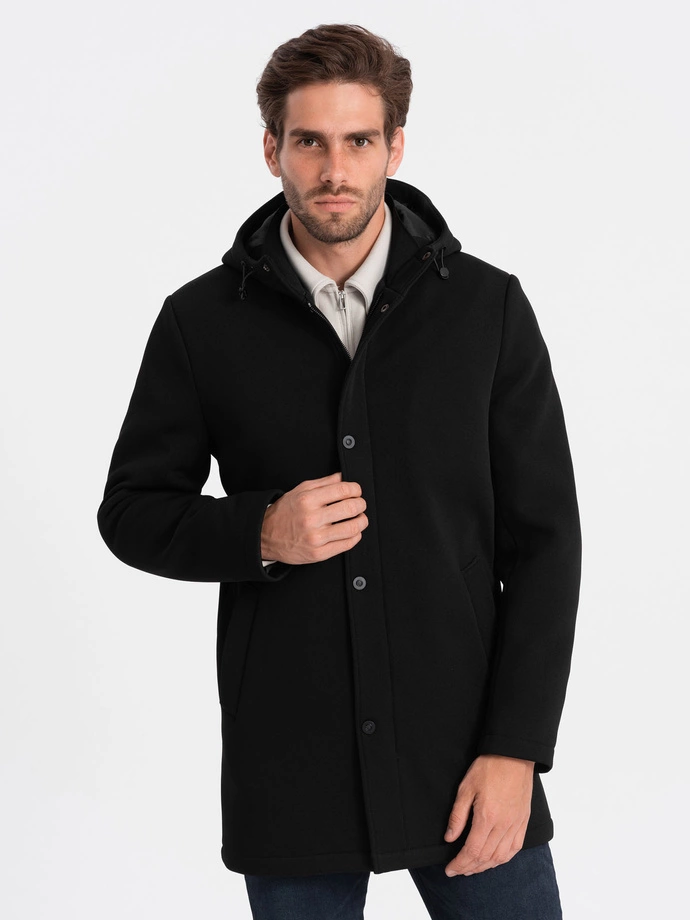 Men's insulated coat with hood and concealed zipper - black V1 OM-COWC-0110