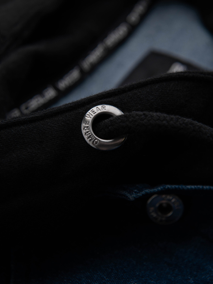 Jachetă din denim pentru bărbați cu mâneci tricotate și glugă - albastru și negru V2 OM-JADJ-0220