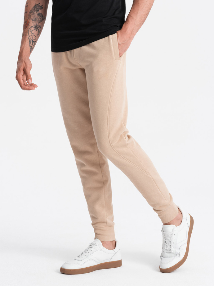 Vyriškos medvilninės BASIC sportinės kelnės joggers - smėlio spalvos V6 OM-PABS-0174