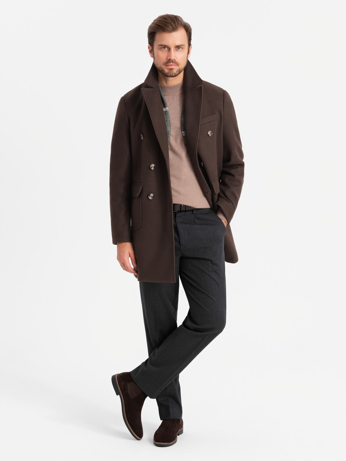 Men's double-breasted coat with decorative buttons - dark brown V3 OM-COWC-0109