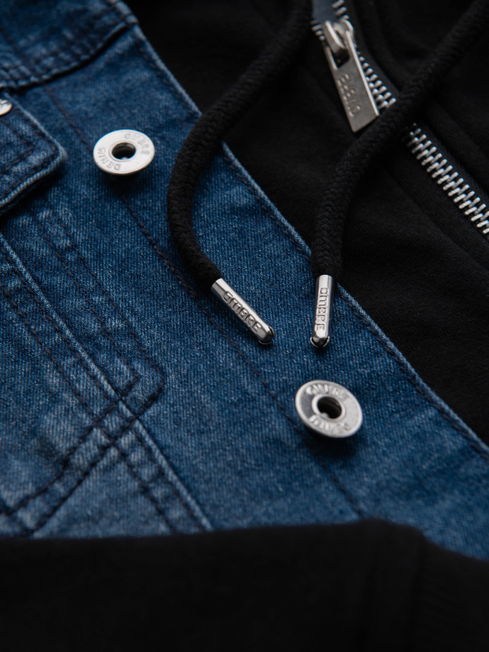 Jachetă din denim pentru bărbați cu mâneci tricotate și glugă - albastru și negru V2 OM-JADJ-0220