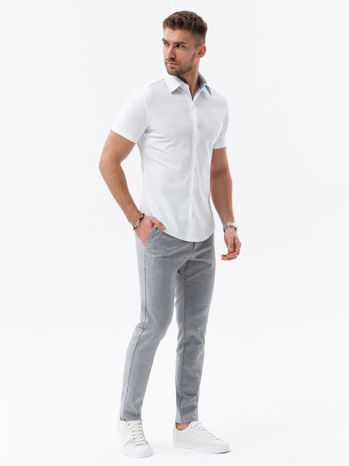 Men's knitted slim fit shirt with short sleeves and collar - white V1 OM-SHSS-0100