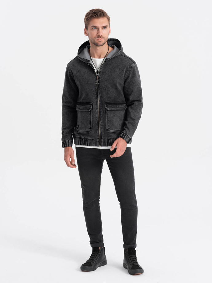 Jachetă katana din denim pentru bărbați cu buzunare cargo și glugă - negru V4 C558
