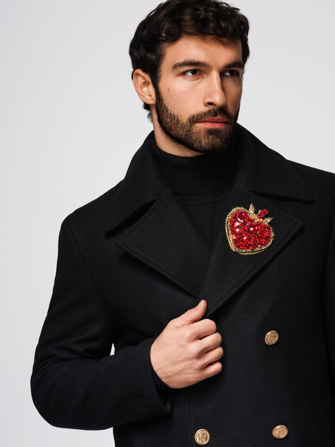 Men's double-breasted wool coat with decorative appliqués - black V1 OM-COWC-0147