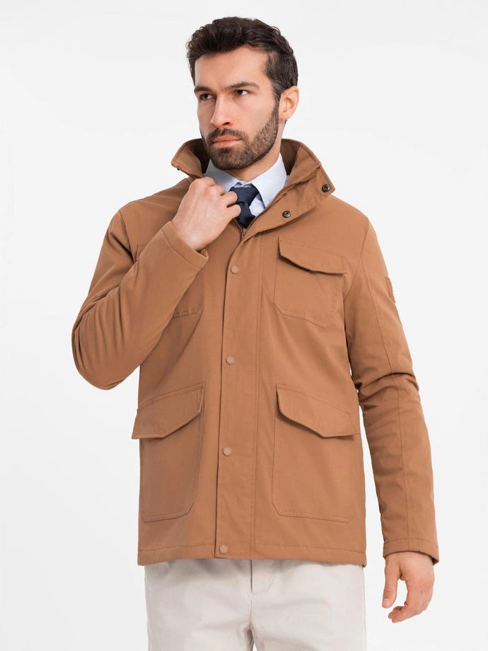 Men's lightweight jacket with pockets and high collar - brown V5 OM-JALP-0167
