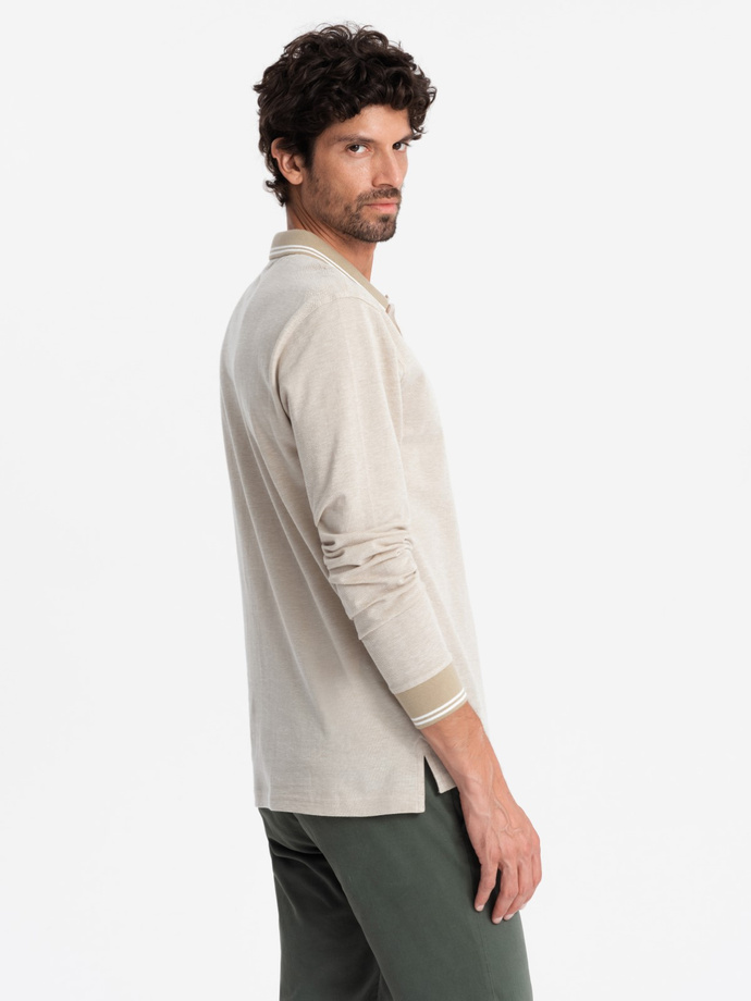 Men's melange polo longsleeve with embroidery - sand melange V4 OM-POLS-0129