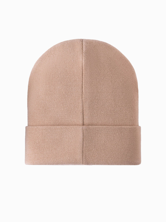 Men's knitted beanie cap with embroidered inscription - sand V6 OM-ACWH-0120