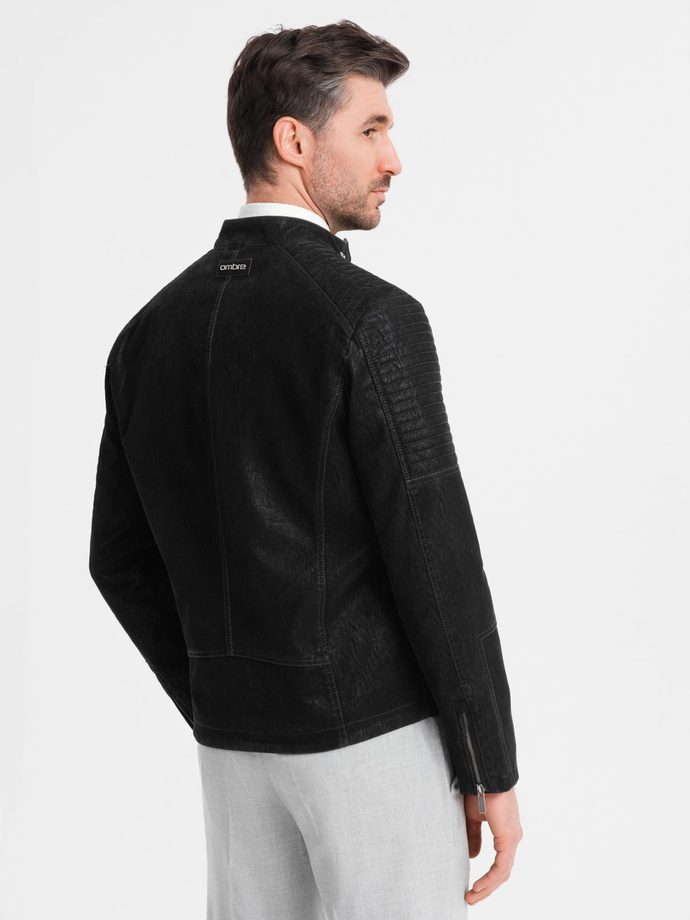Men's retro-style biker jacket with stand-up collar - black V2 OM-JAFL-0197