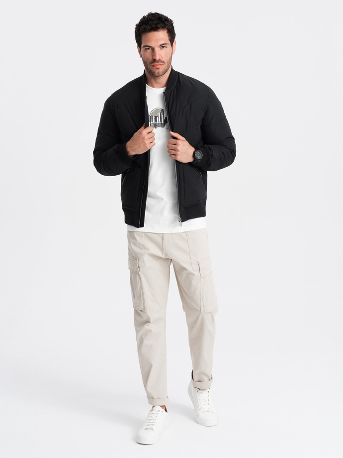 Men's quilted bomber jacket with metal zippers - black V1 OM-JALP-0143