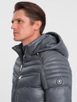 Heavily insulated quilted men's jacket with detachable hood - graphite V3 OM-JAHP-22FW-010