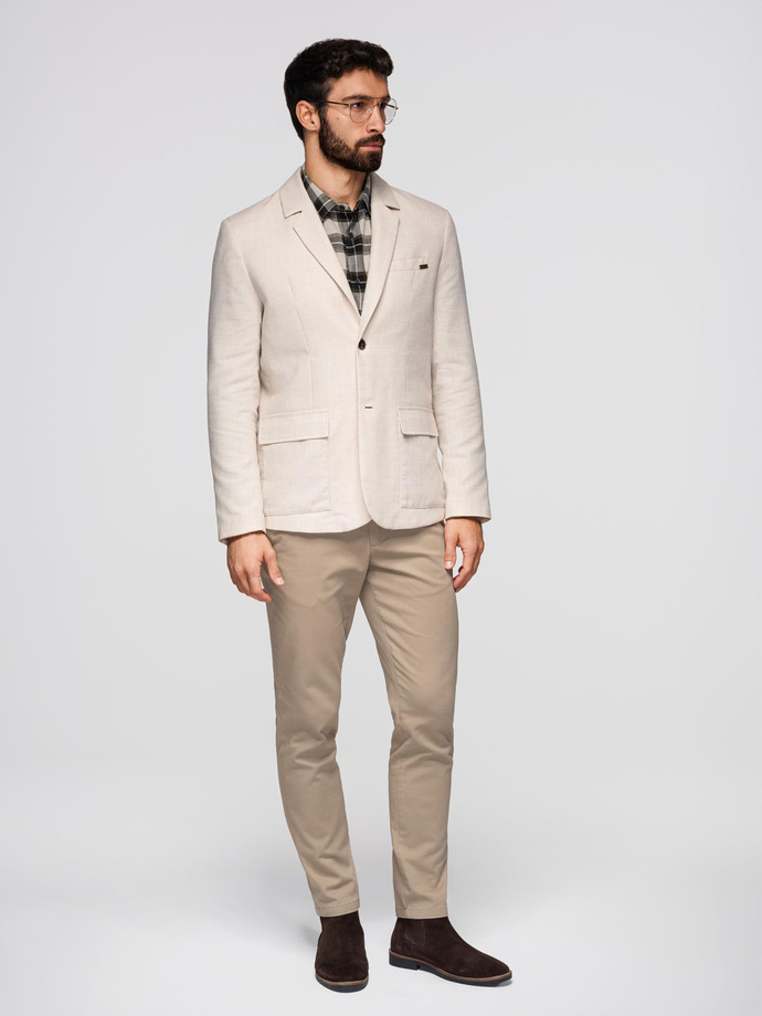 Men's REGULAR cut blazer with linen - cream V1 OM-BLZB-0128