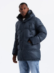 Men's long puffer jacket with snap pockets - navy blue V3 OM-JALJ-0186