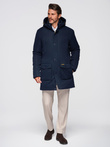 Elegant men's parka with cargo pockets and hood - navy blue V2 OM-JAPJ-0287