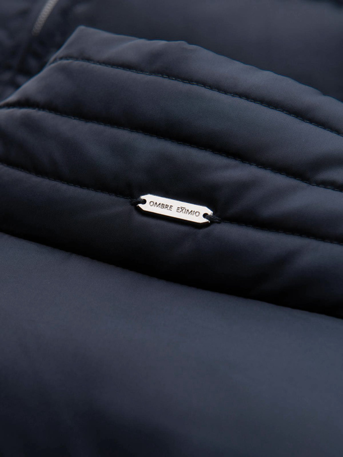 Pánska prešívaná bunda s leskom a stojačikom - tmavomodrá V2 OM-JALP-0218